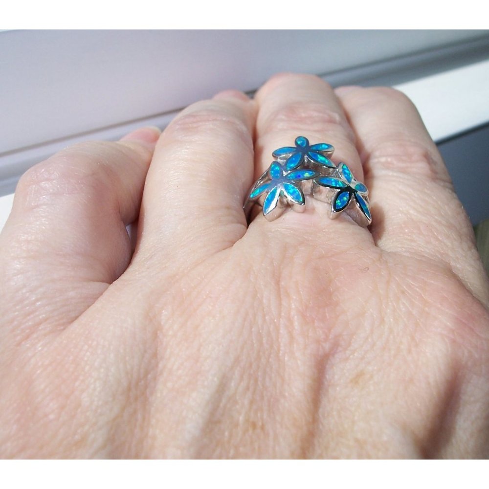 925 STERLING SILVER Lab Created Blue Fire Opal Hawaiian Plumeria Ring - Picture 5 of 16